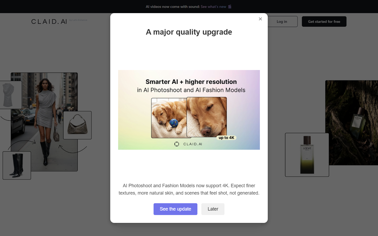 Claid AI homepage showing batch product image editing and enhancement
