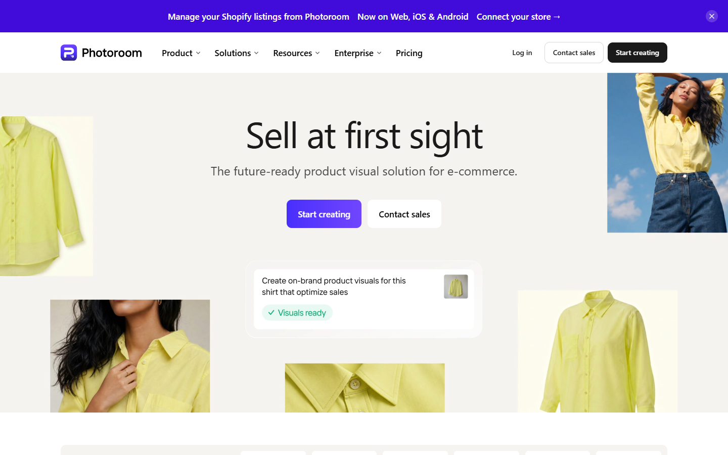 Photoroom homepage showing AI background removal for product photos