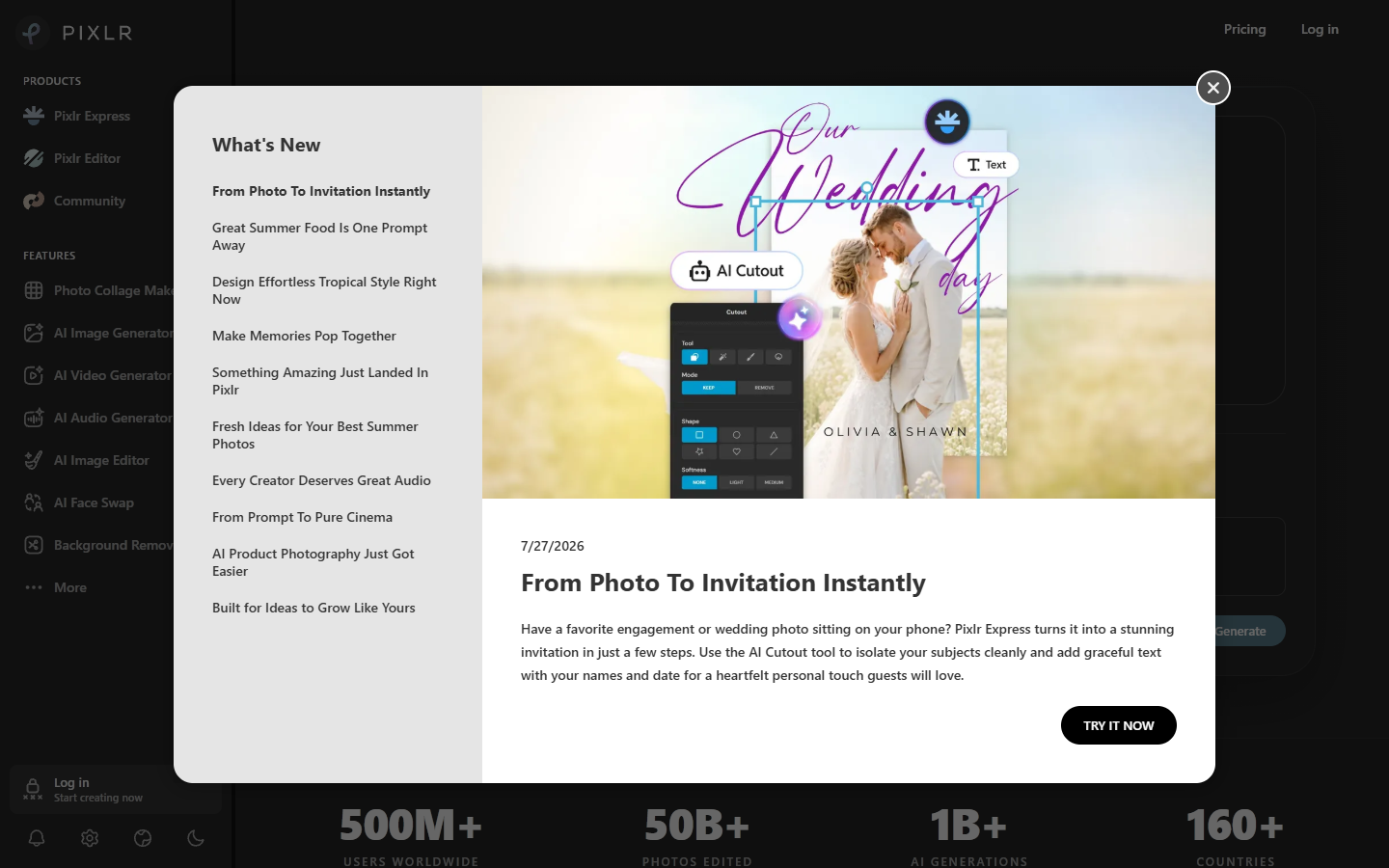 Pixlr homepage showing browser based AI photo editing tools