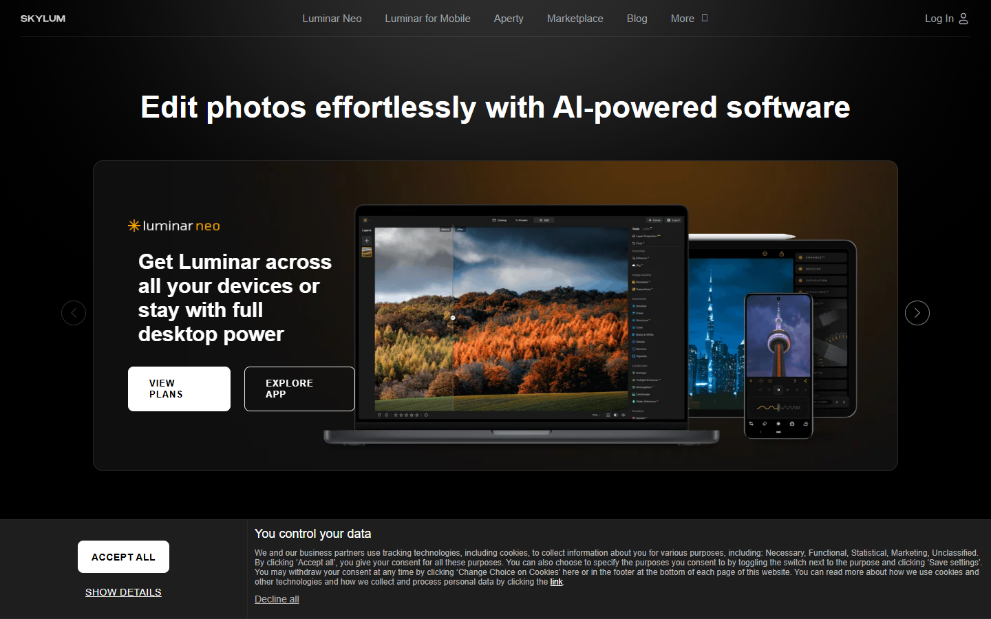 Luminar Neo homepage showing AI photo enhancement and sky replacement