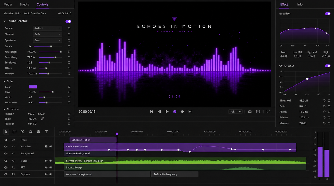 Dark editor timeline with stacked video, audio, and caption tracks, keyframe diamonds, and an easing curve on the animated layer