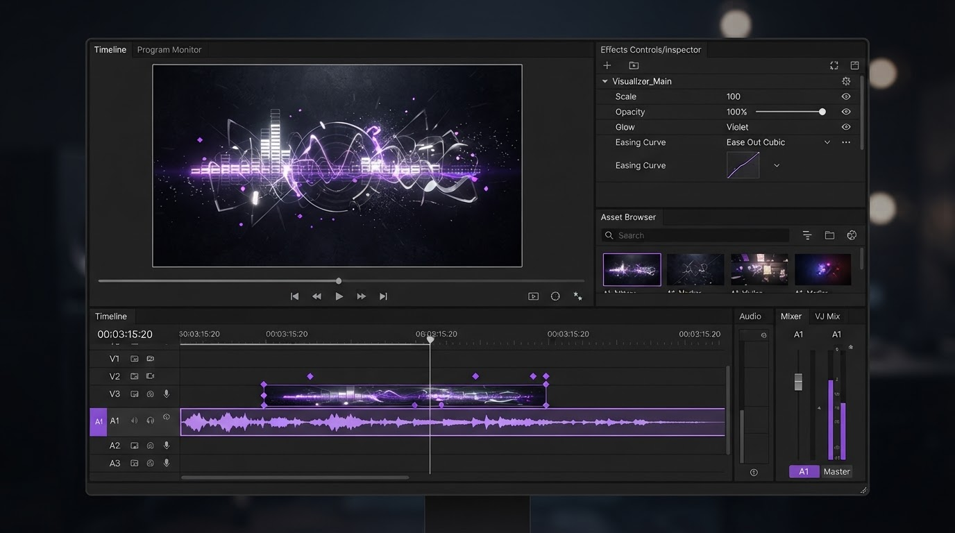 Dark video editor timeline with keyframe diamonds, an easing curve panel and a layered clip ready for export