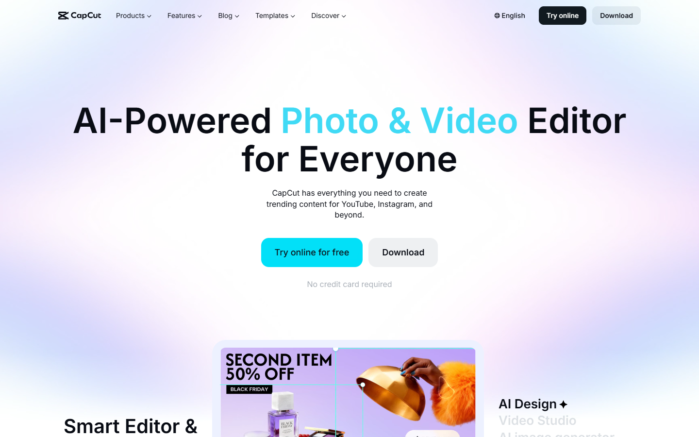 CapCut homepage showing free video editing templates and AI tools