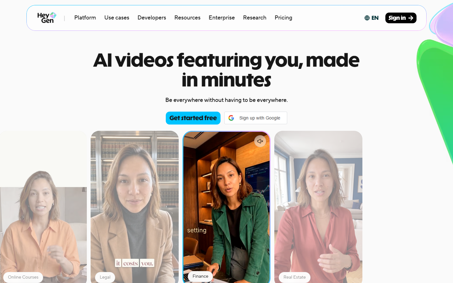 HeyGen homepage showing AI avatar spokesperson video generation