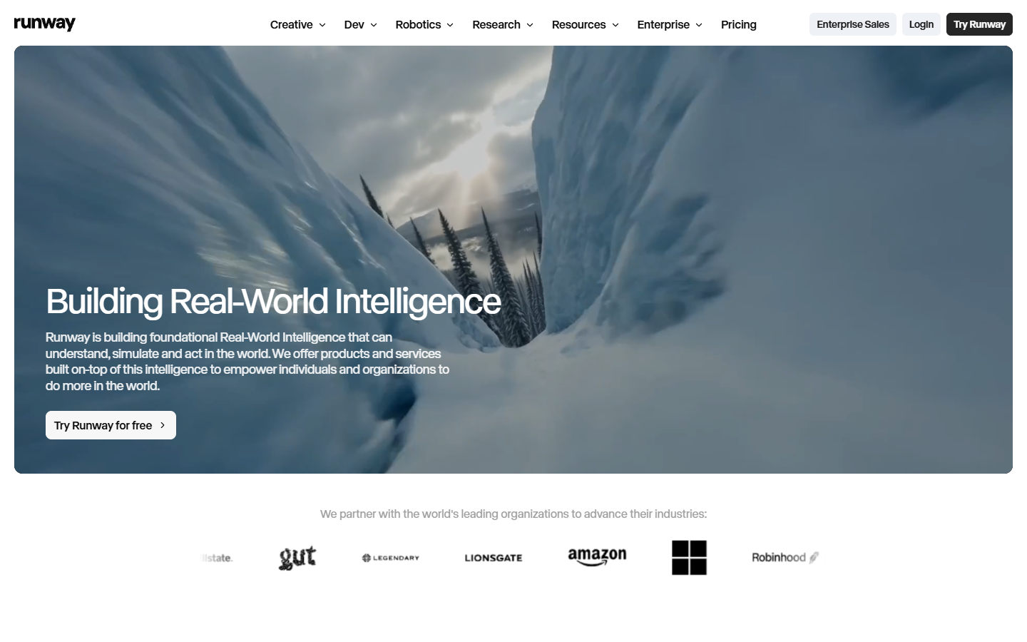 Runway homepage showing AI video generation and editing tools