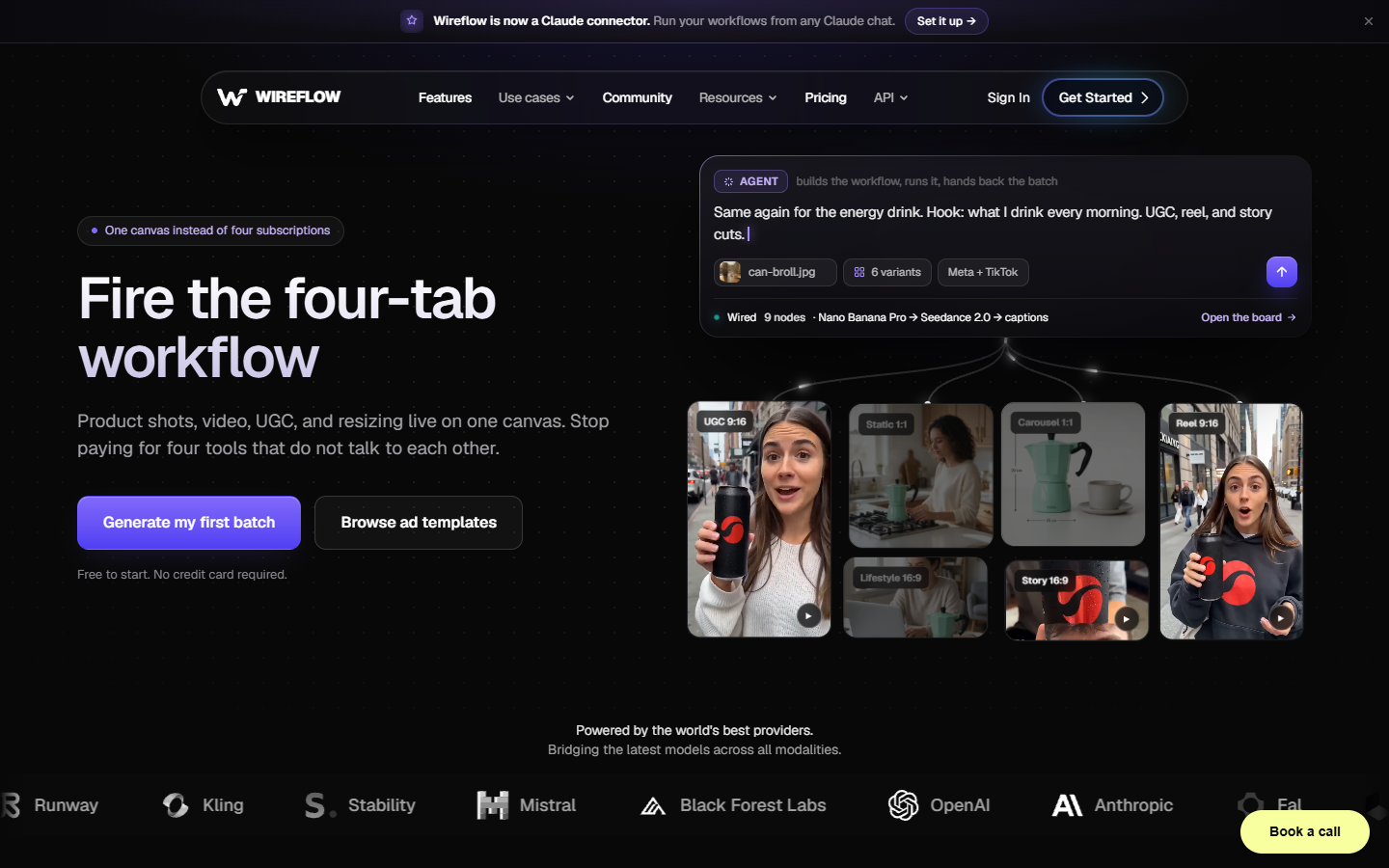 Wireflow homepage showing the node based AI video workflow canvas