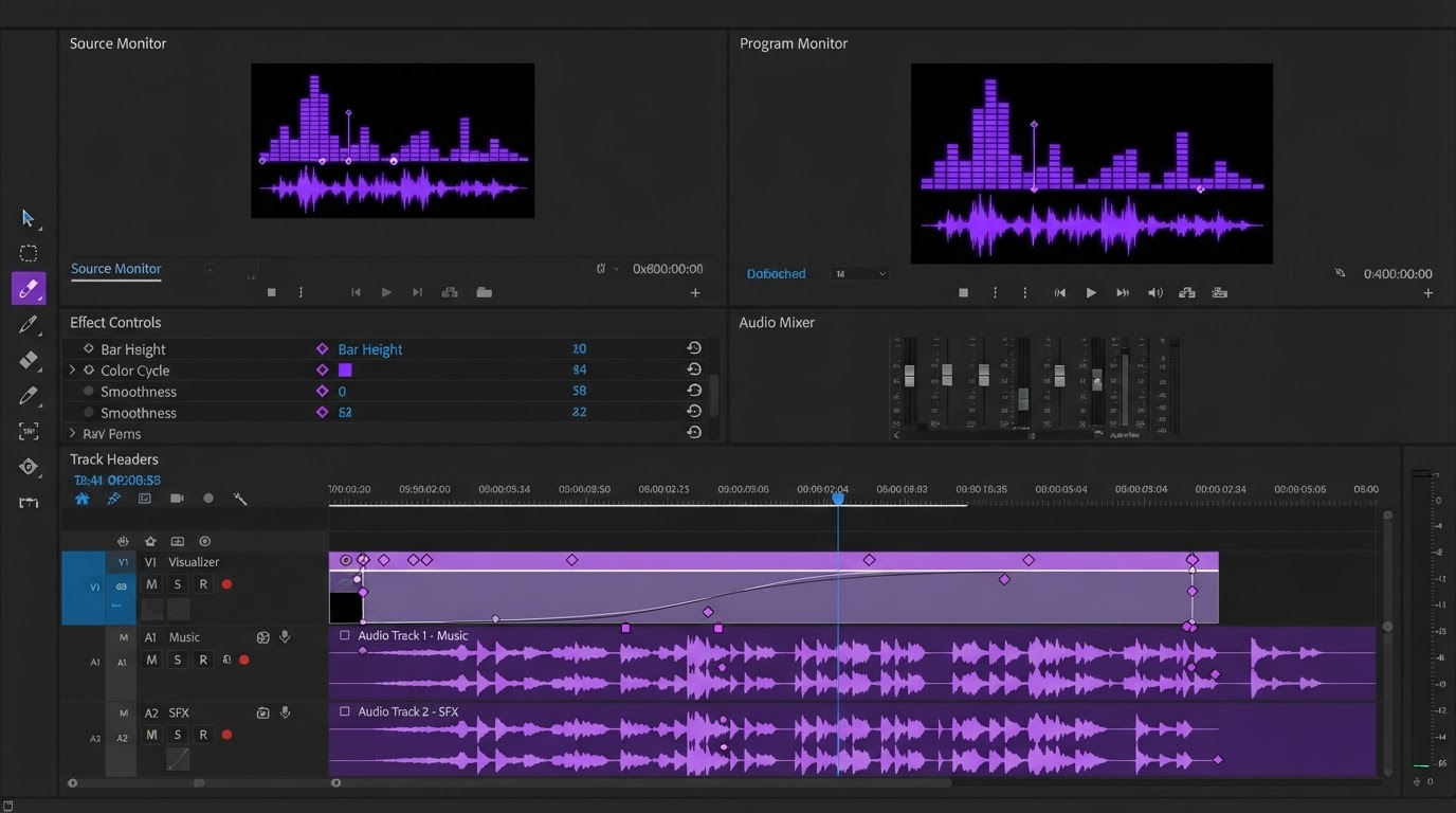 Editor timeline with keyframed video and audio tracks and an easing curve controlling a clip