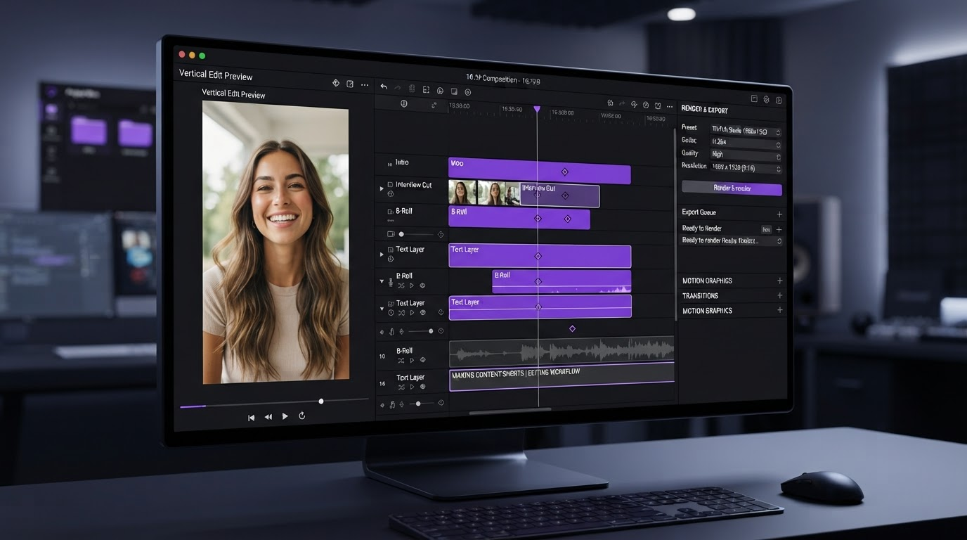 Dark video editor timeline showing a vertical product cut with caption layers, keyframe diamonds and a render queue
