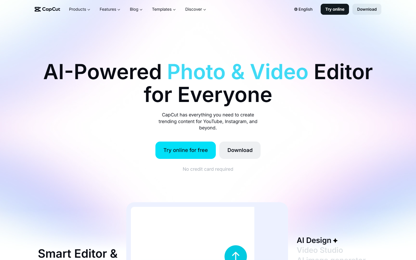 CapCut homepage showing free video editing and social export tools