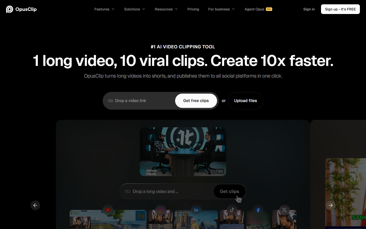OpusClip homepage showing AI clipping of long form video into shorts