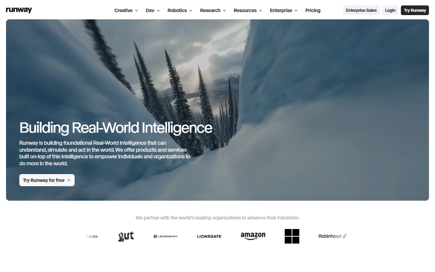 Runway homepage showing AI video generation and editing tools