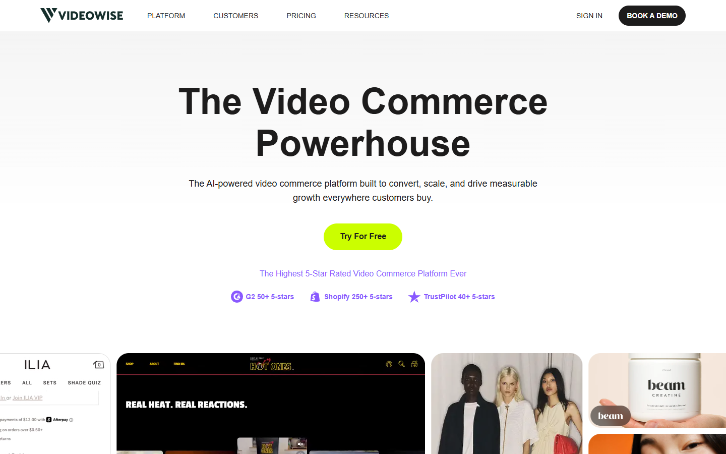 Videowise homepage showing shoppable video for ecommerce storefronts