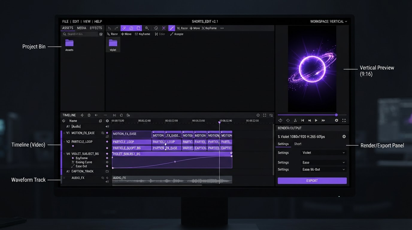 Editor timeline showing one product clip cut into vertical, square and GIF exports with caption tracks