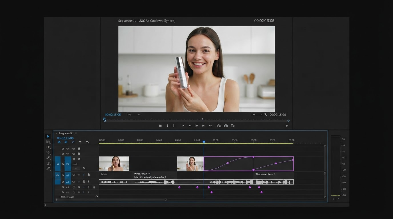 Dark motion editor timeline with stacked social video clips, caption track, and keyframe diamonds on a violet accent
