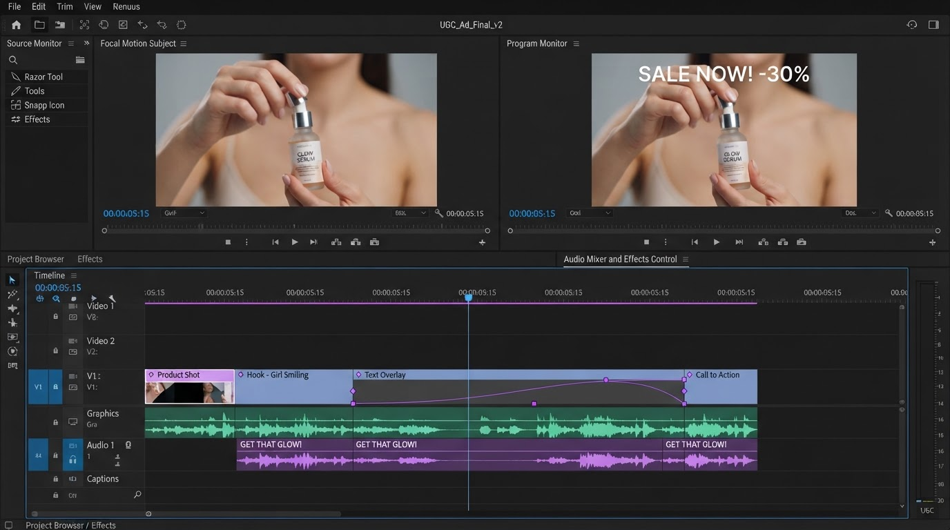Caption track and keyframe curve panel over a vertical social clip in a dark editor