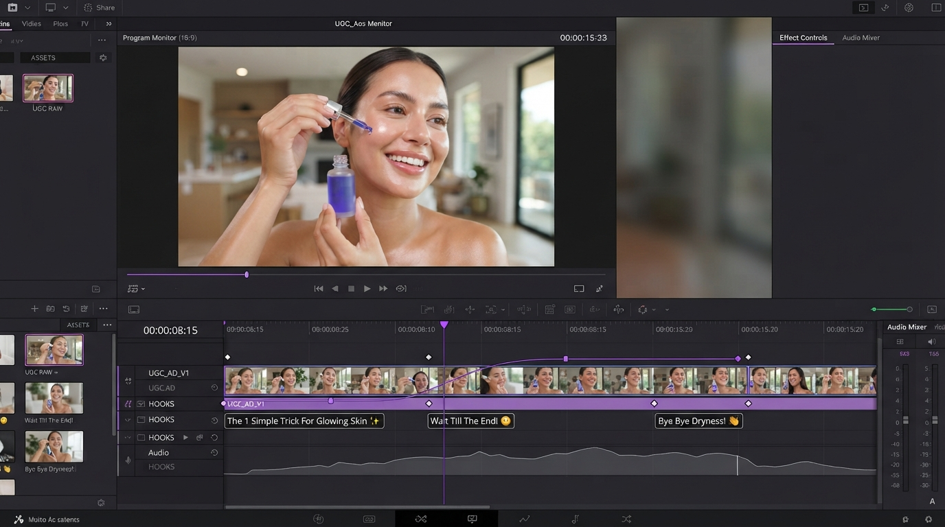 Motionbox timeline with a UGC ad clip, hook caption layers, and keyframe markers on the animation track