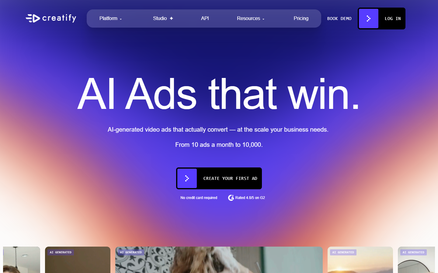 Creatify homepage showing URL to video ad generation