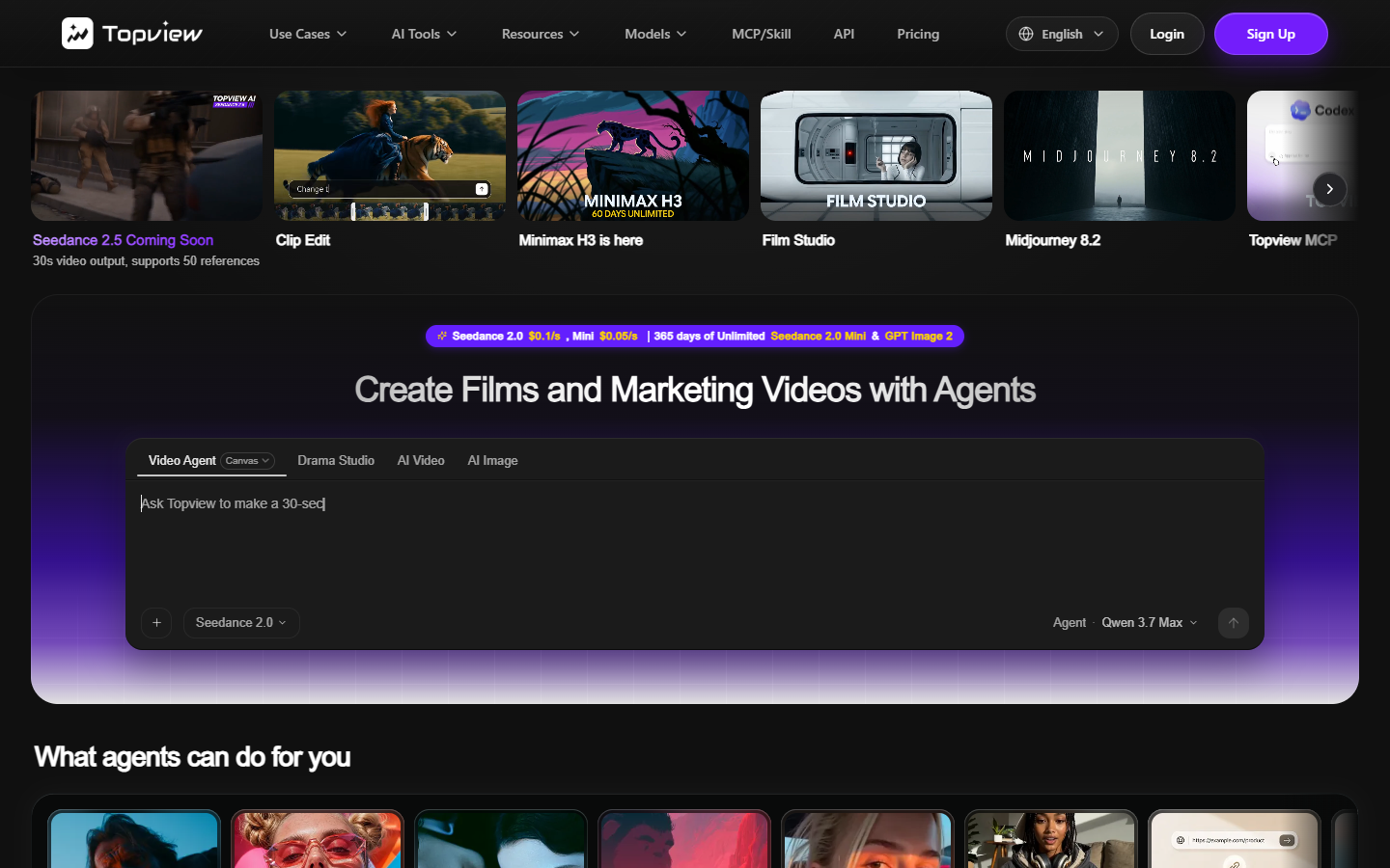 TopView AI homepage showing agent driven AI video generation