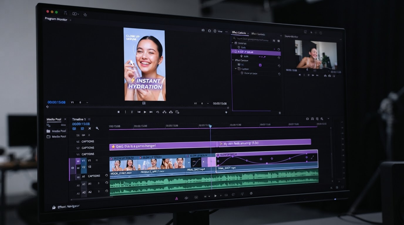 Editor timeline showing a vertical UGC ad with caption layers, hook text, and an easing curve on the animation track