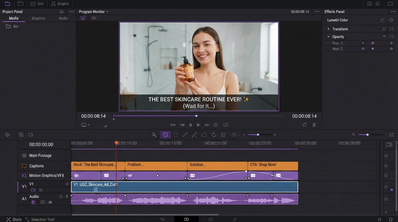 Motionbox timeline with a UGC ad clip, caption track, and keyframe markers