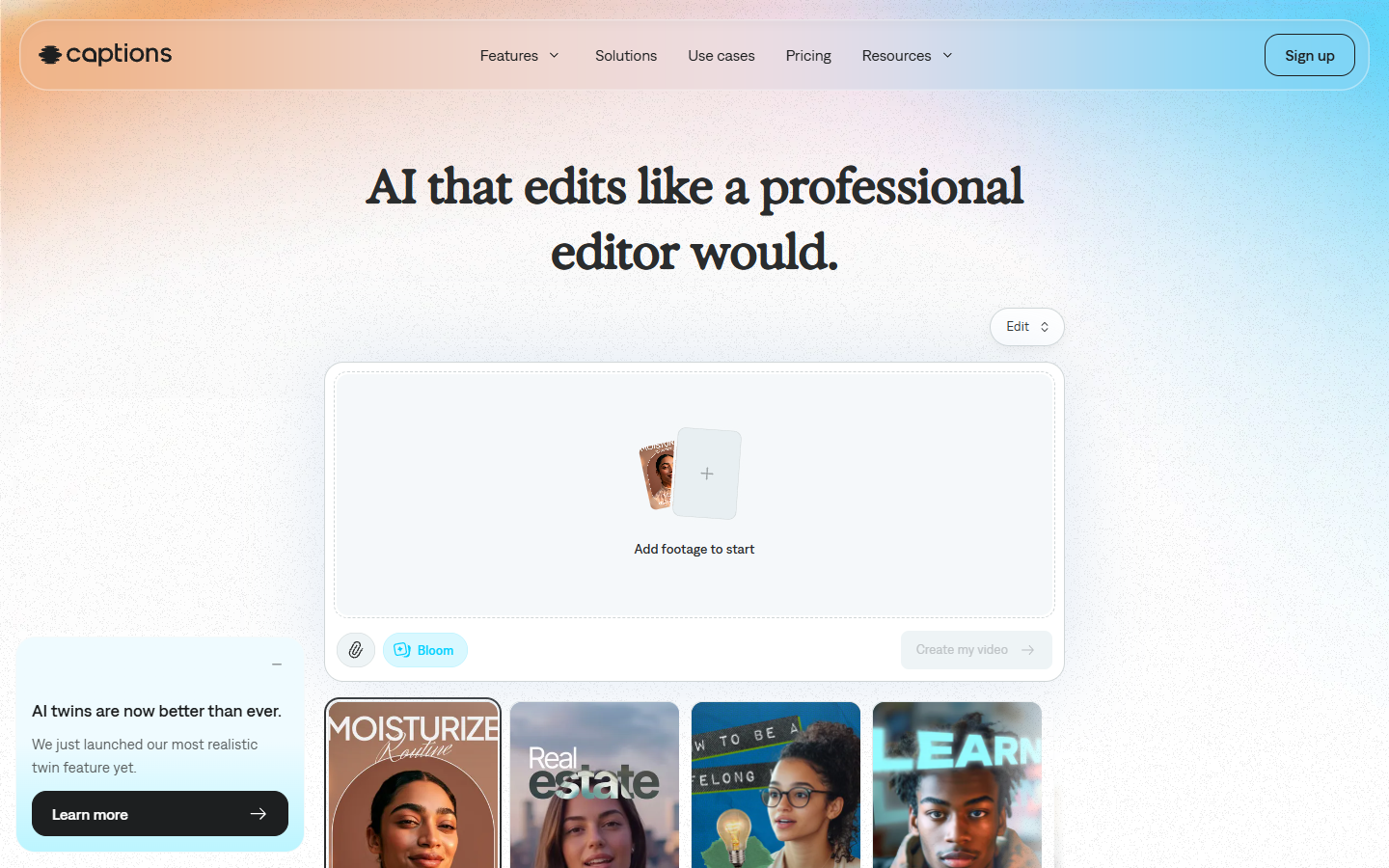 Captions homepage showing AI video creation with built in captions