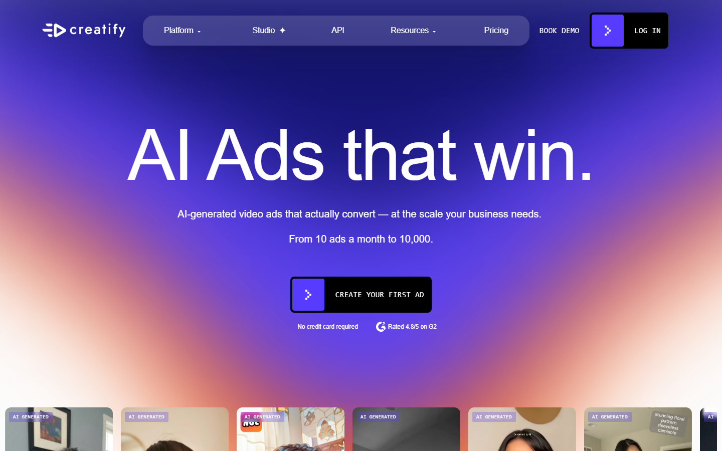 Creatify homepage showing product URL to video ad generation