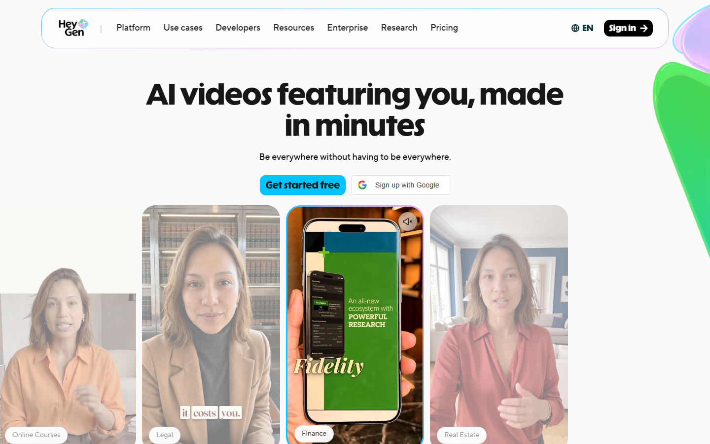 HeyGen homepage showing AI avatar video creation and localization