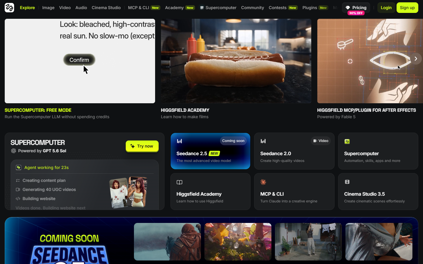 Higgsfield homepage showing generative video models for cinematic shots