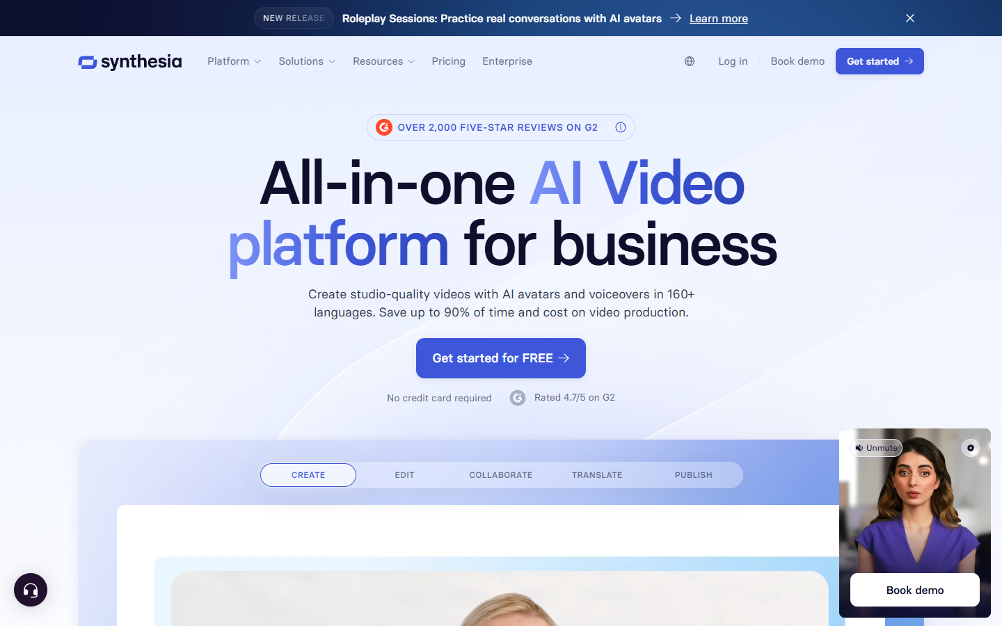 Synthesia homepage showing AI avatar video for business teams