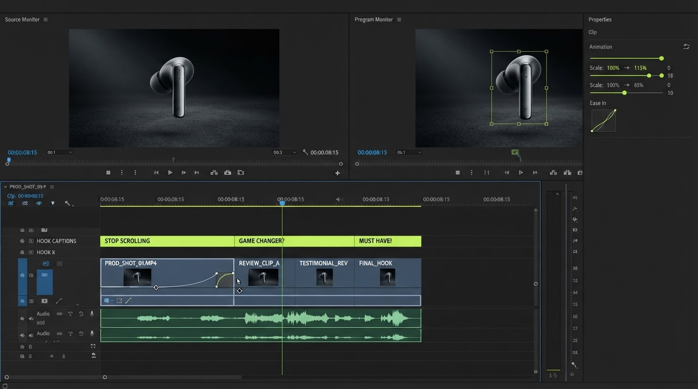 Editing timeline with hook caption layers, product shots, and keyframed scale on a vertical ad cut