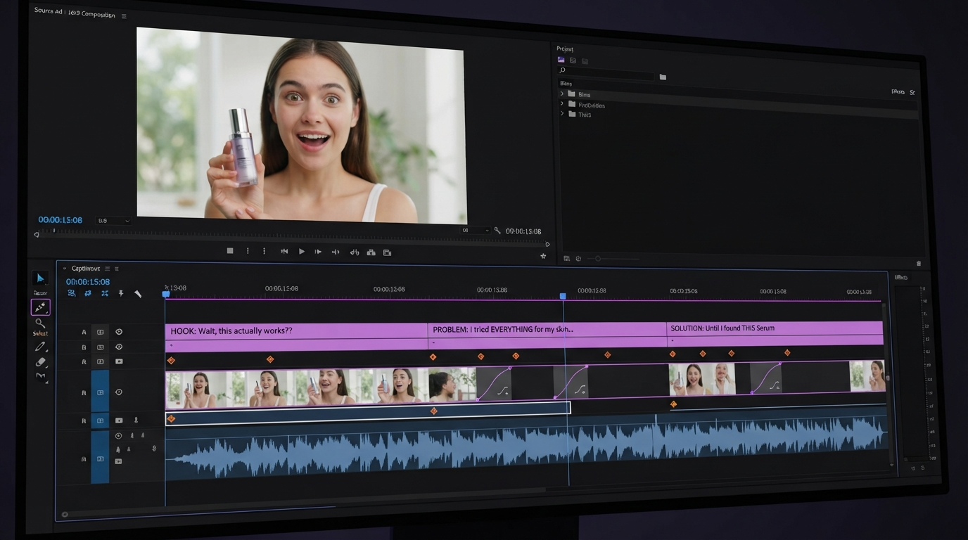 Motionbox timeline with a UGC clip, caption track, and keyframe markers on an easing curve