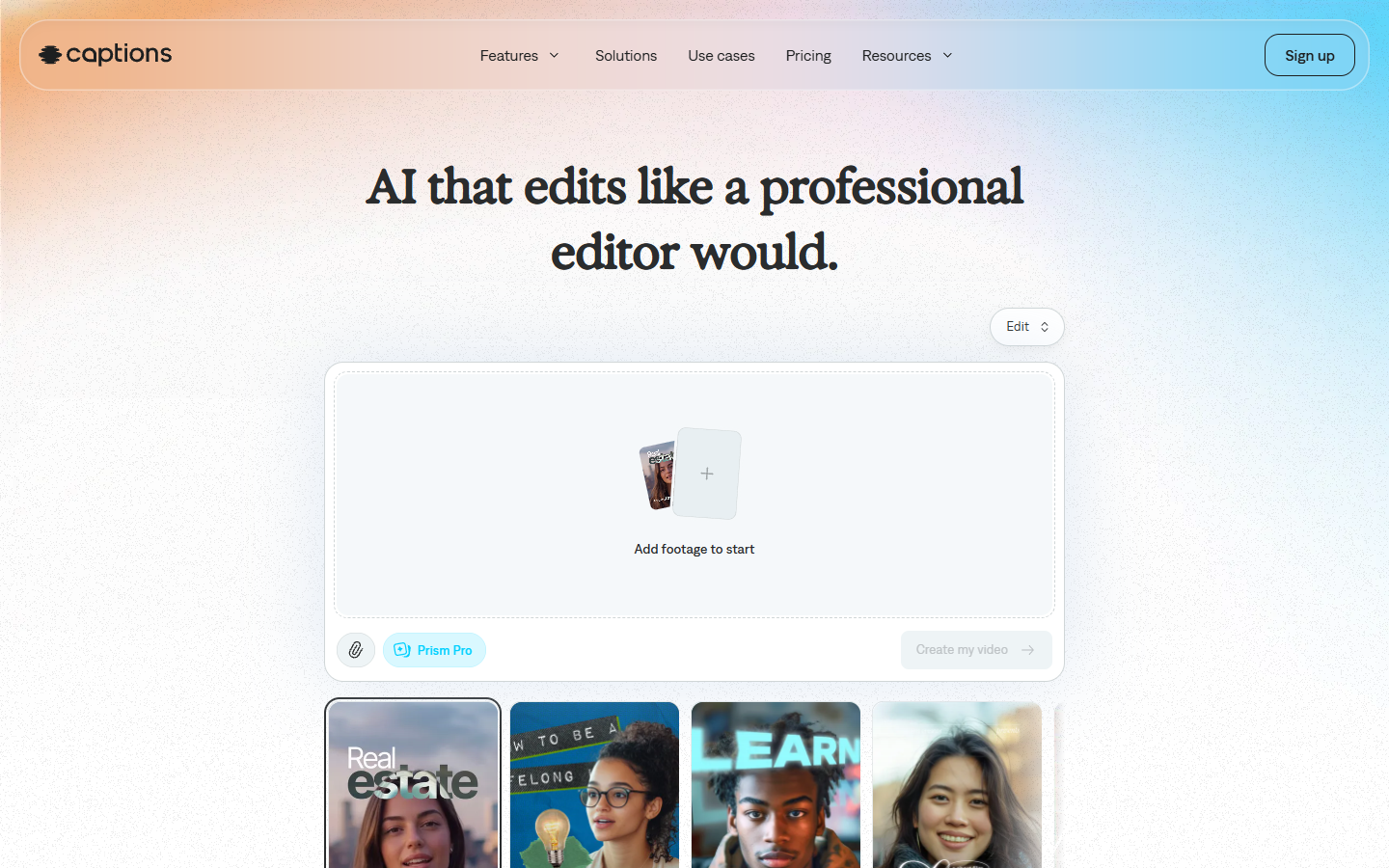 Captions homepage showing AI video editing tools