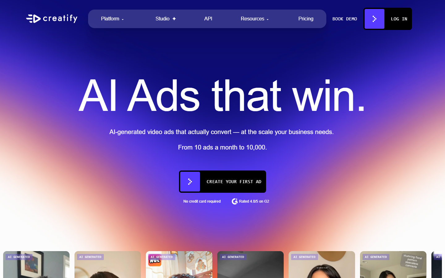 Creatify homepage showing AI generated video ad variations