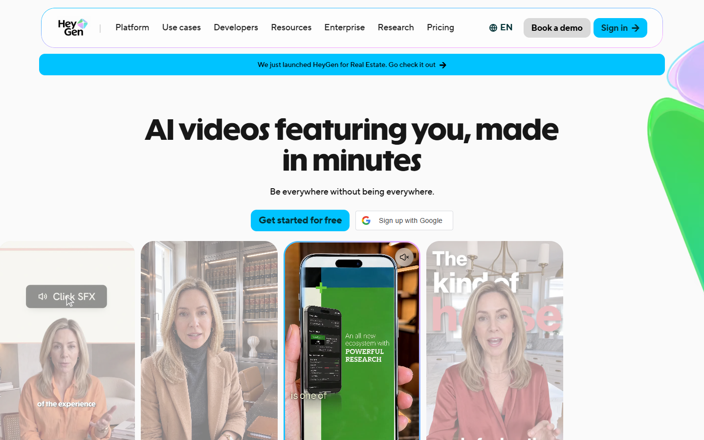 HeyGen homepage showing AI avatar video generation