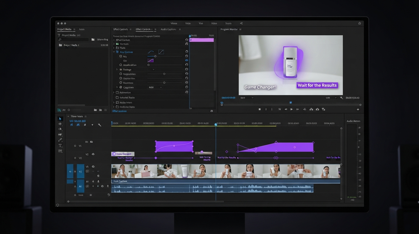 Editing timeline showing a caption track, keyframed opacity, and easing curves applied to a short video