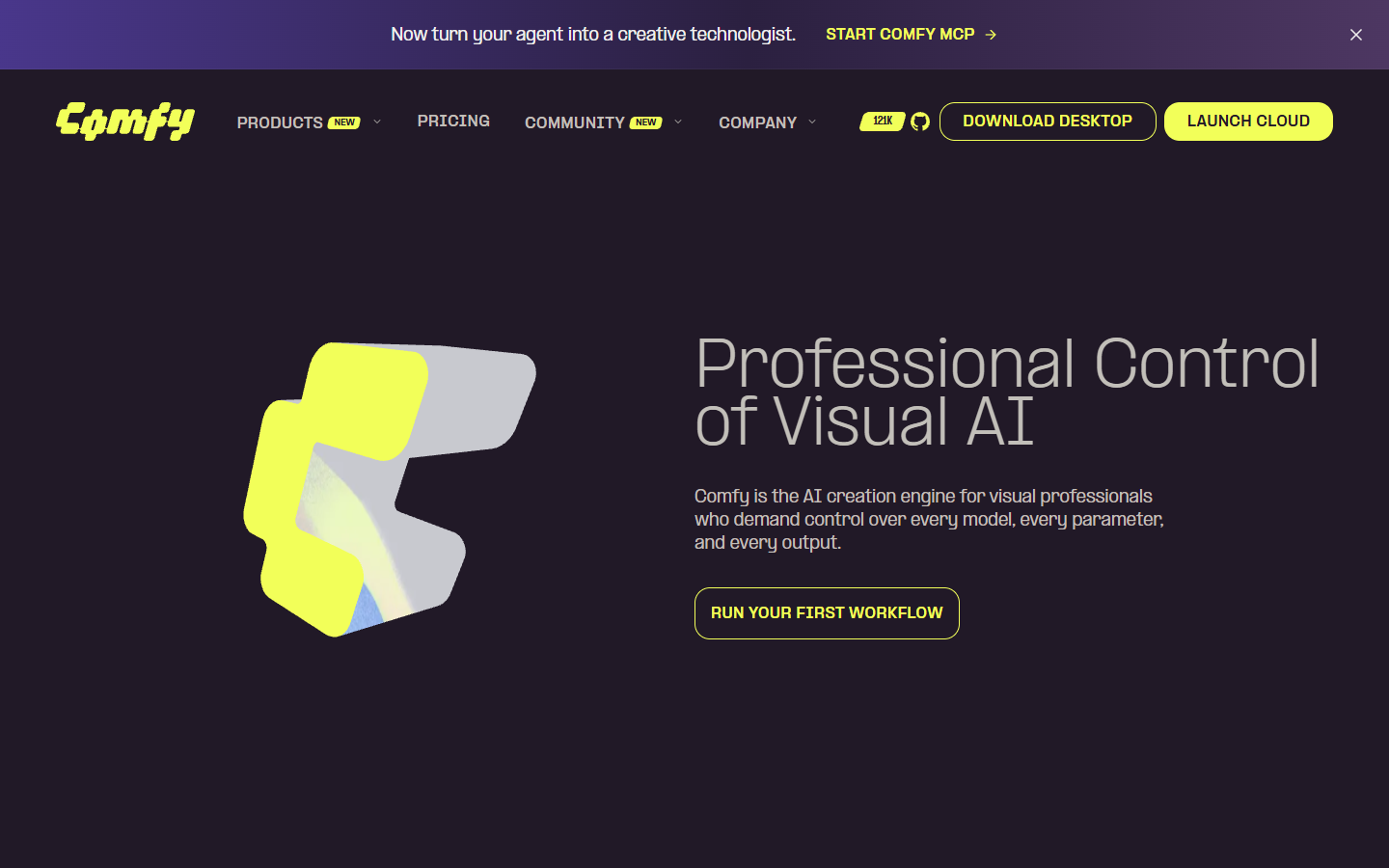 ComfyUI homepage showing node-based visual pipelines