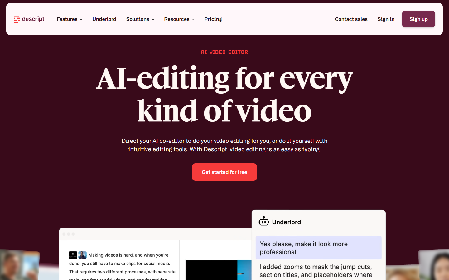 Descript homepage showing transcript-based video editing
