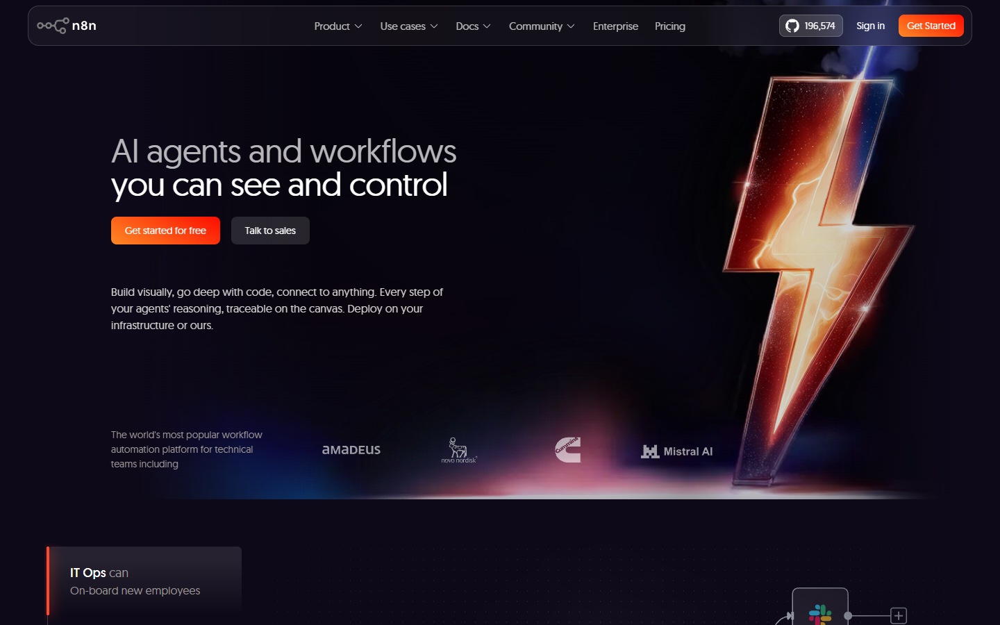 n8n homepage showing workflow automation tools