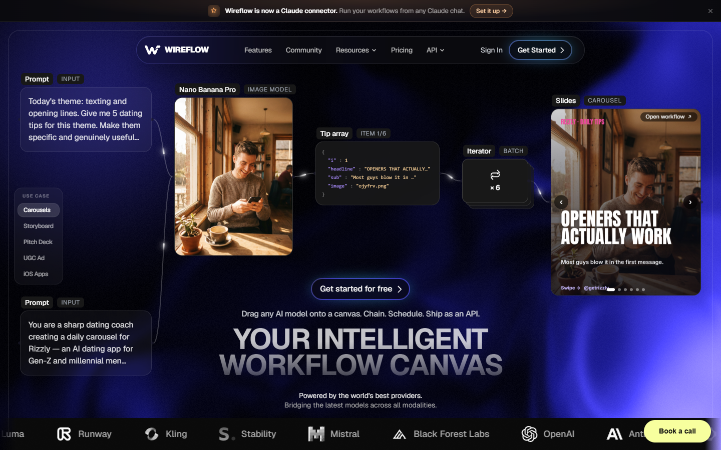 Wireflow homepage showing its AI workflow canvas