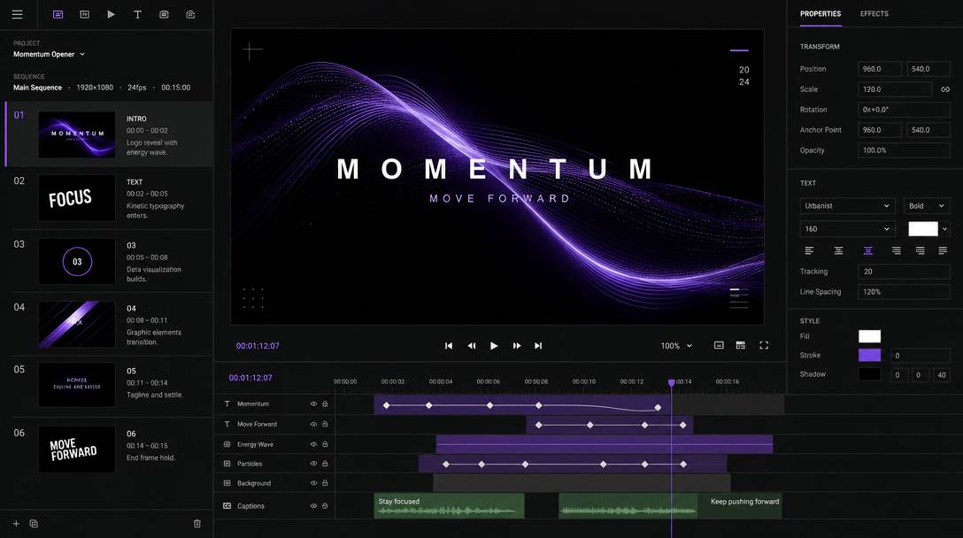 AI video workflow timeline with editable layers, keyframes, captions, and render controls
