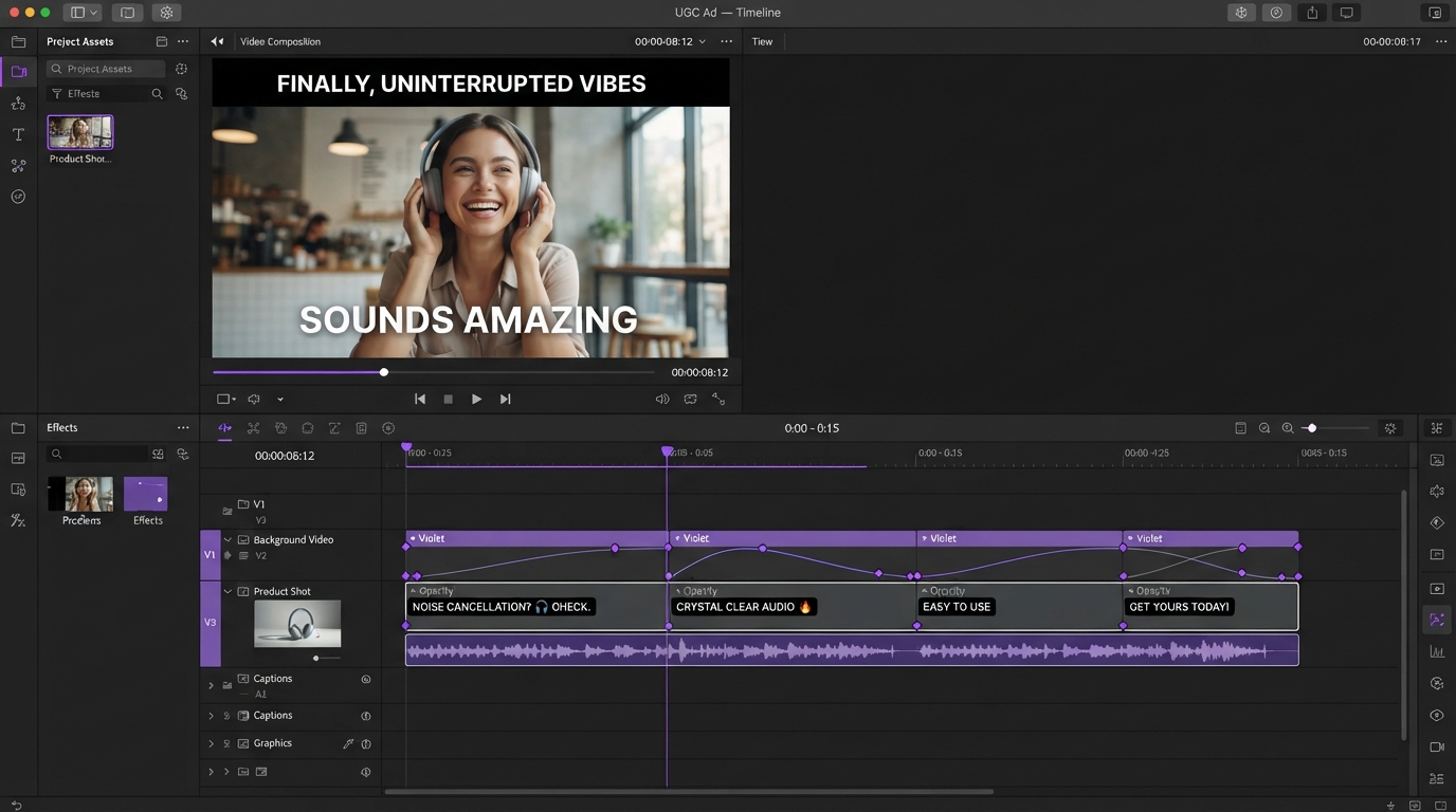 Dark video editor timeline with AI generated clips, keyframe markers, and a caption track for a short social ad