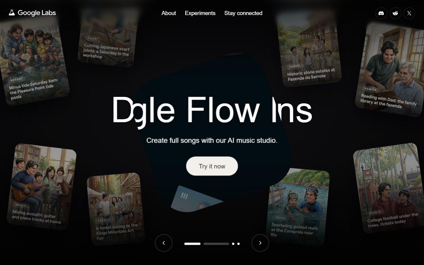 Google Labs homepage showing the Flow and Veo video generation tools