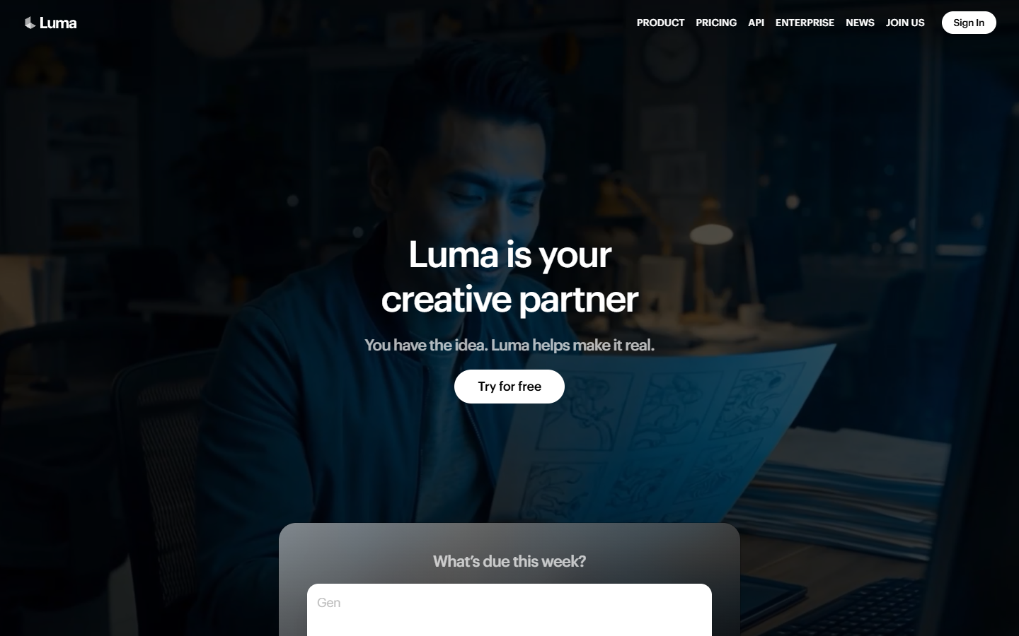 Luma homepage showing its AI video creation workspace
