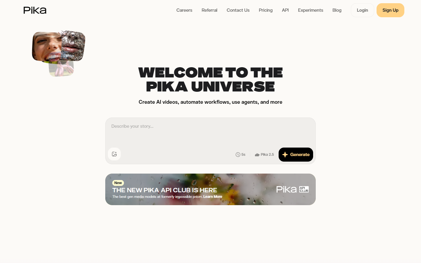 Pika homepage showing its AI video generation prompt interface