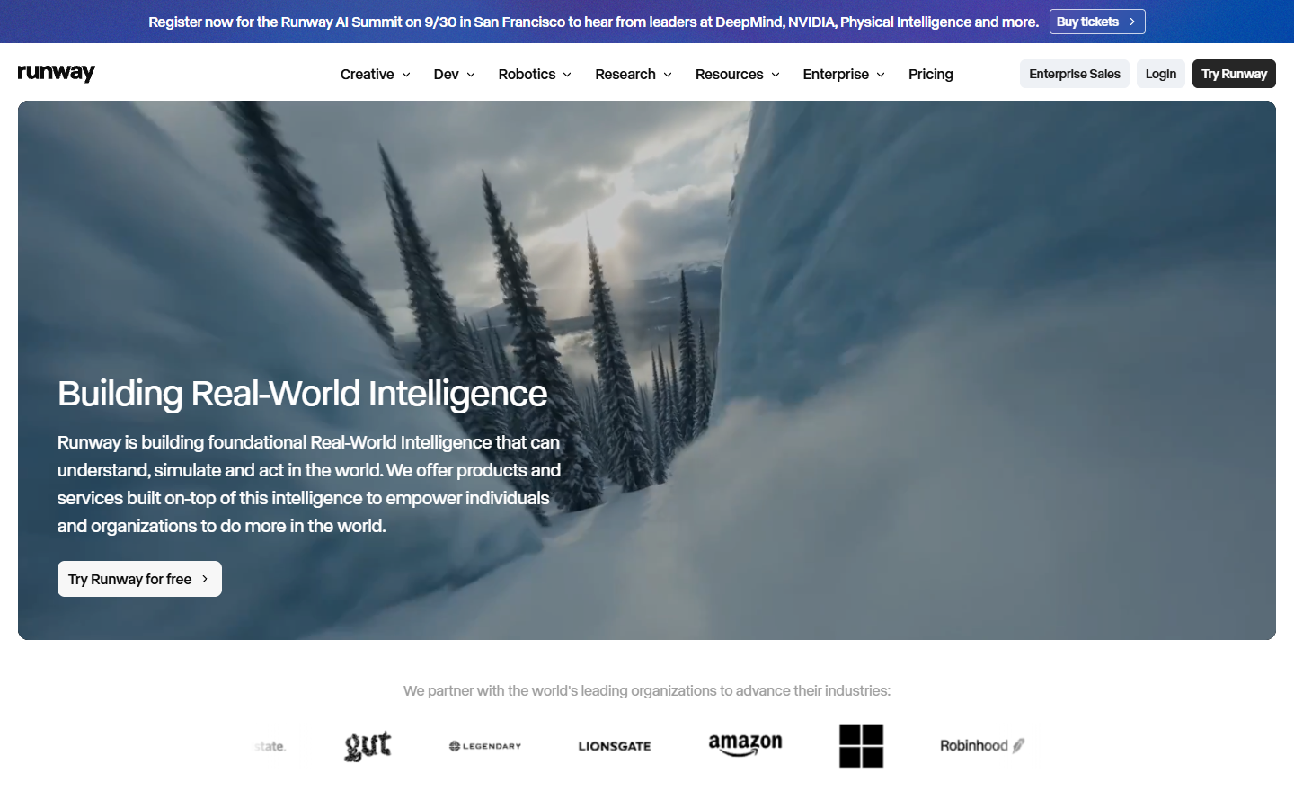 Runway homepage showing its AI video generation and creative tools