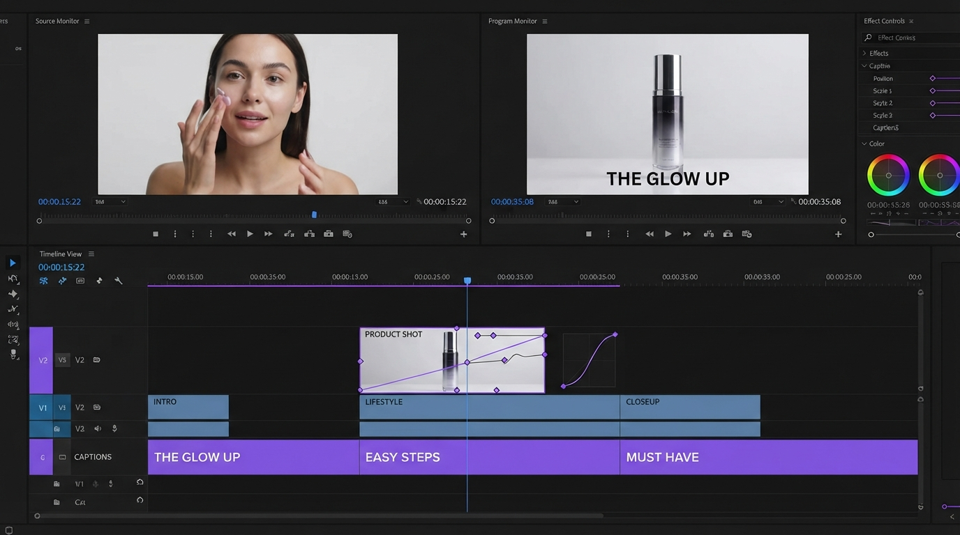 Editor timeline showing generated product clips layered with captions, keyframed opacity, and an easing curve