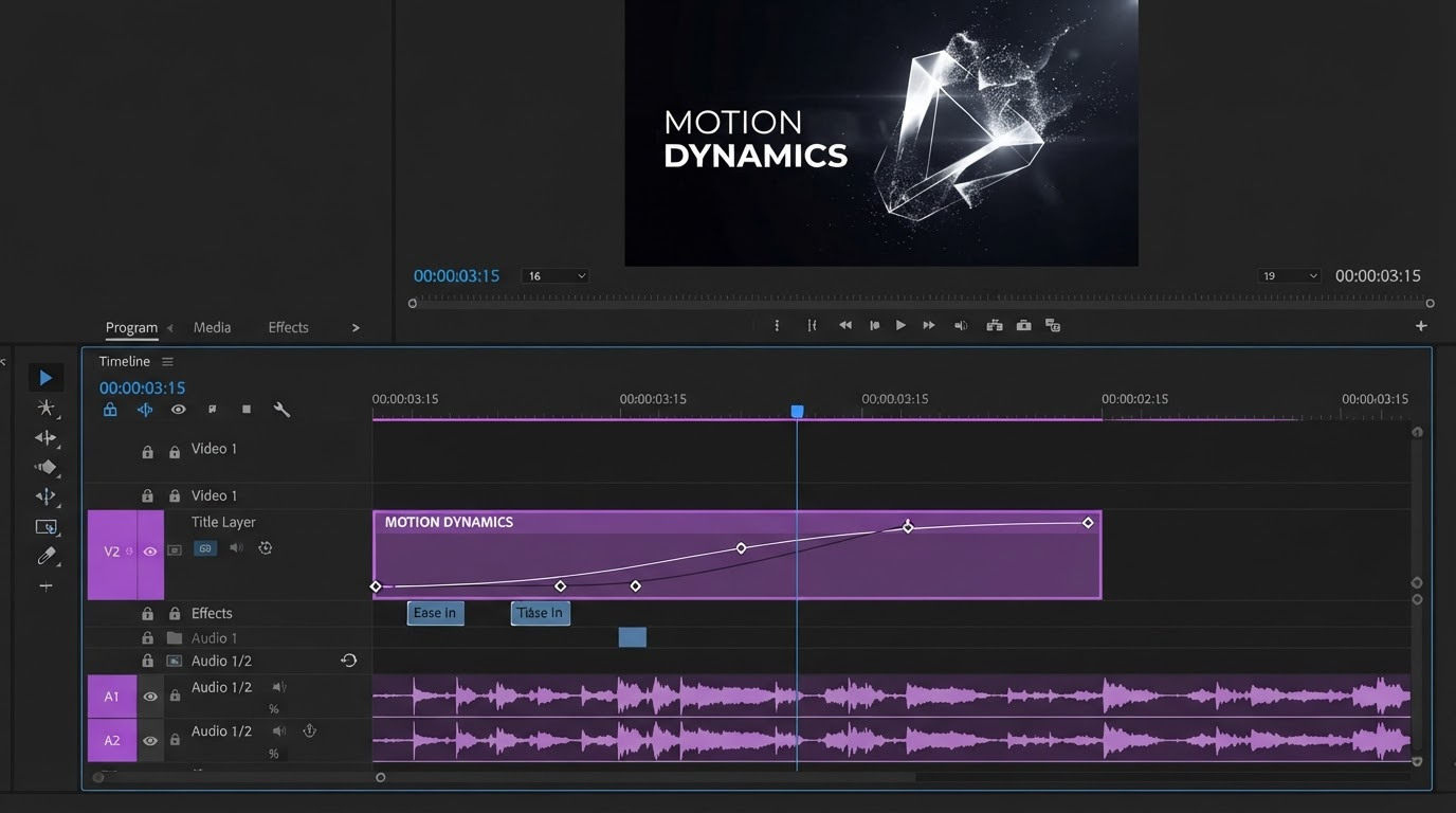 Dark editor timeline with a title layer, keyframe diamonds, an easing curve, and stacked audio tracks on a client video edit