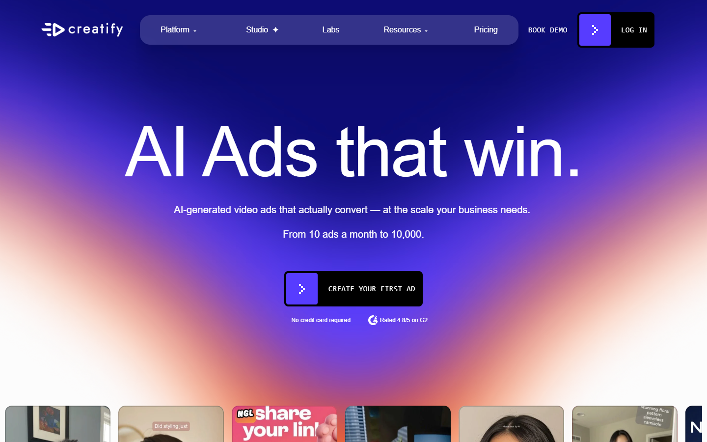 Creatify homepage showing product URL to video ad generation
