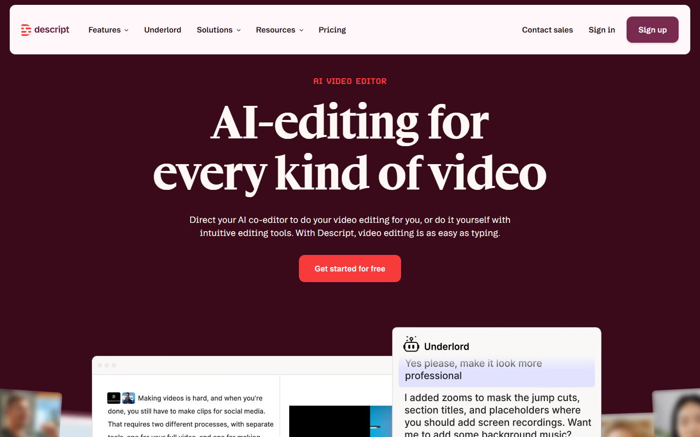 Descript homepage showing transcript based video editing