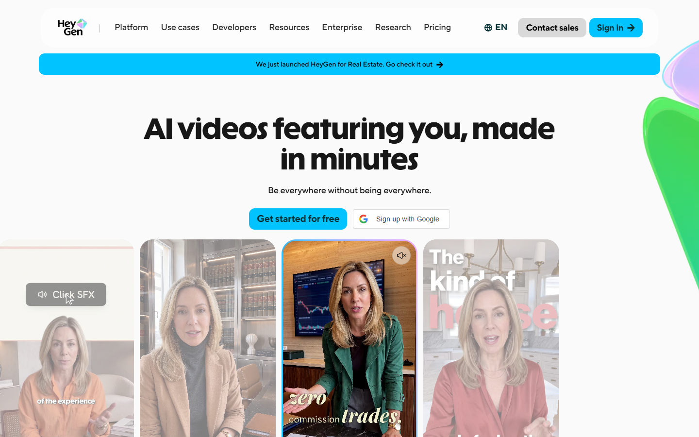 HeyGen homepage showing AI avatar video generation
